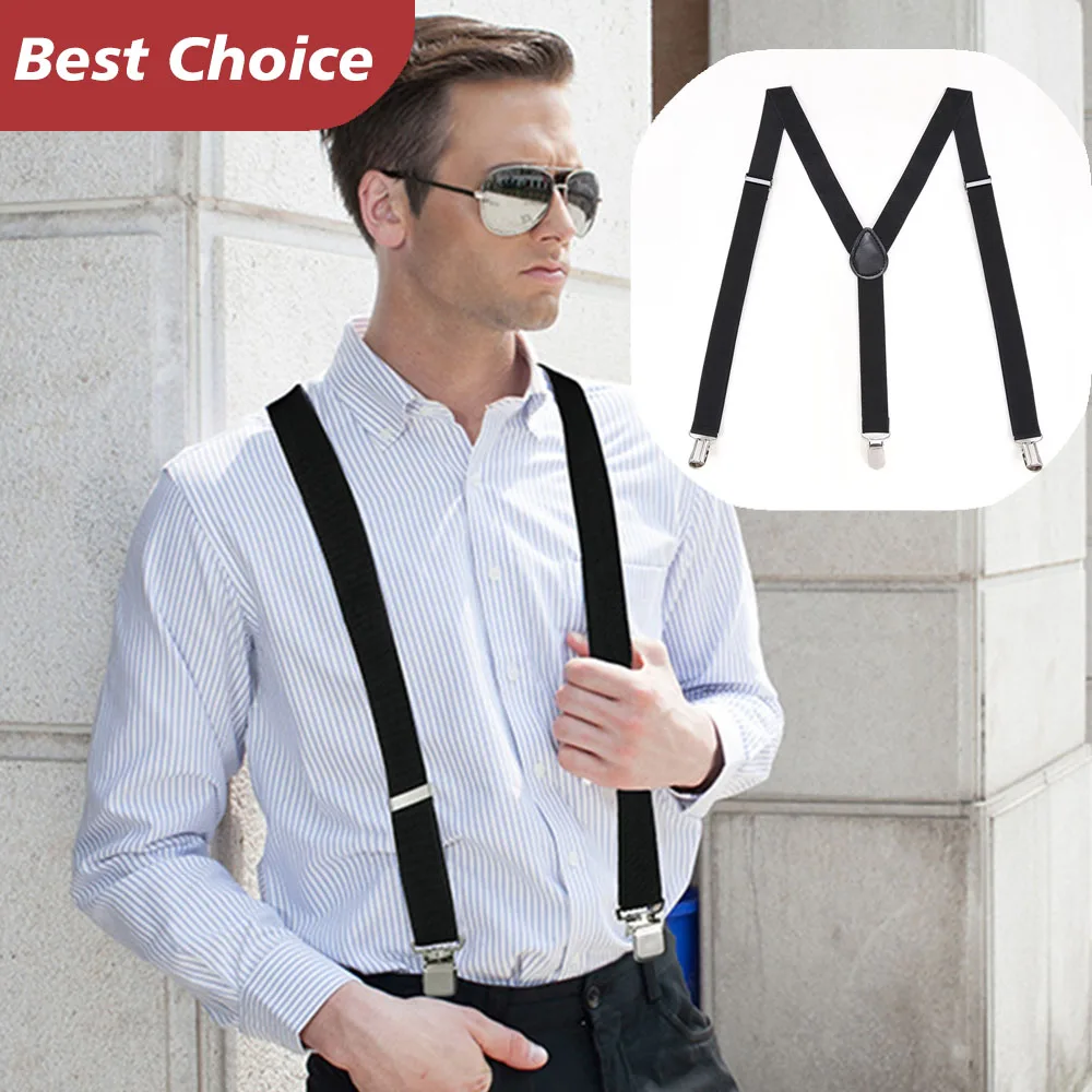 

Adjustable High Elastic Work Suspenders 3.8cm Wide Solid Color Elastic Trouser Braces with 4 Plastic Gripper Clasps for Men
