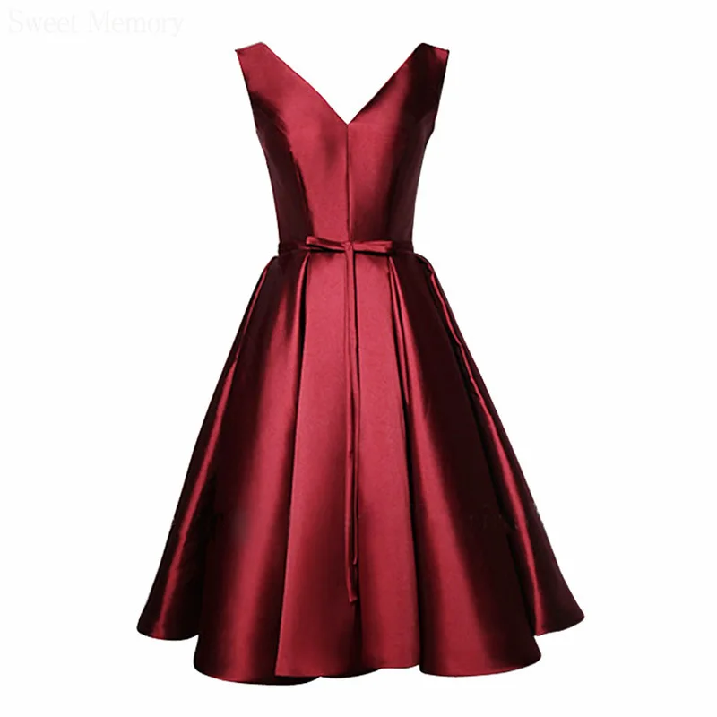 F279 Sexy V-Neck Wine Red Satin Prom Dresses Woman Lace Up Wedding Party Dress Graduation Sleevless Gown Girls Backless Robes