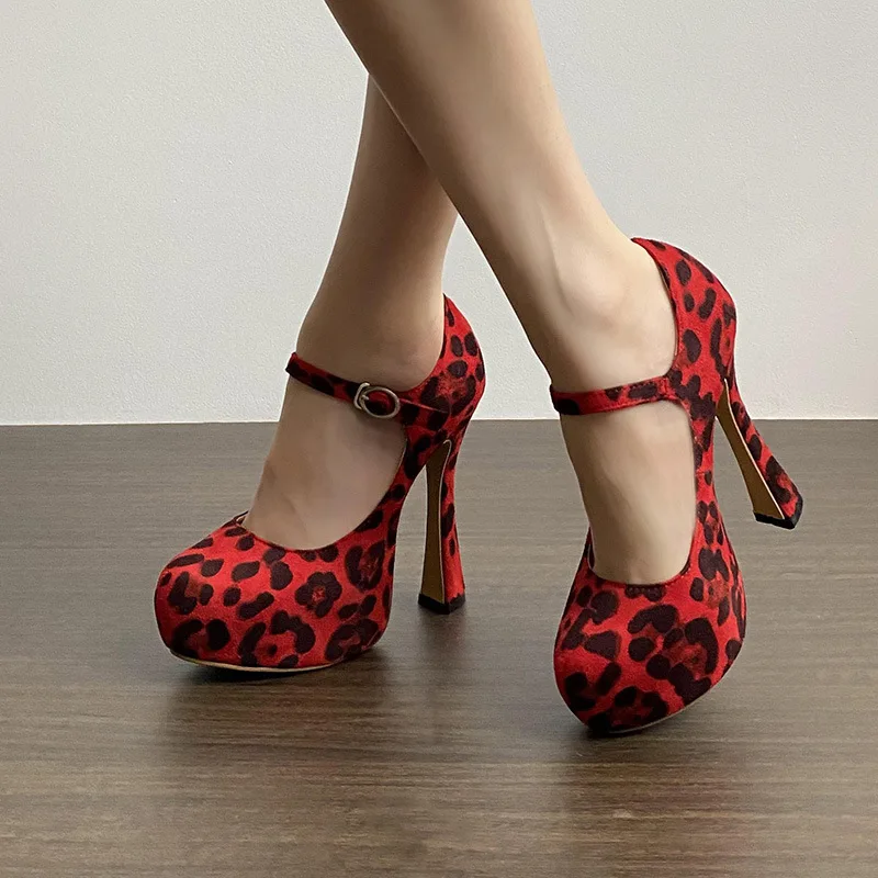 

2026 Spring and Summer Sexy Suede Leopard Print High Heels Platform Nightclub Women Pumps Belt Buckle Elegant Heeled Shoes