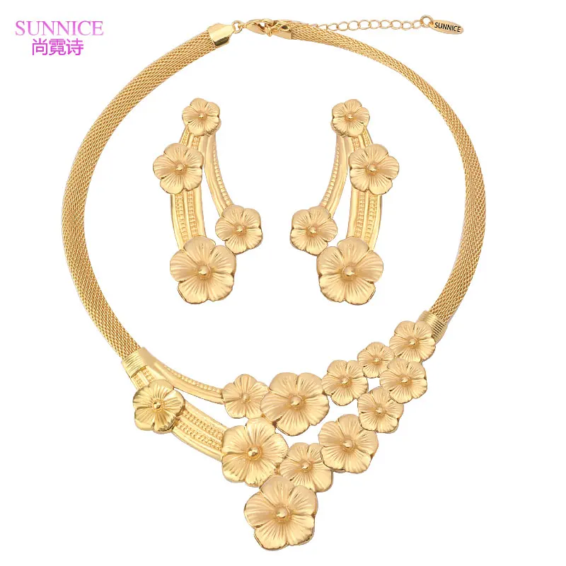 

Luxury18K African Jewelry Set for Women Dubai Gold Floral Stud Earrings Party Wedding Jewellery Necklace and Earrings Sets