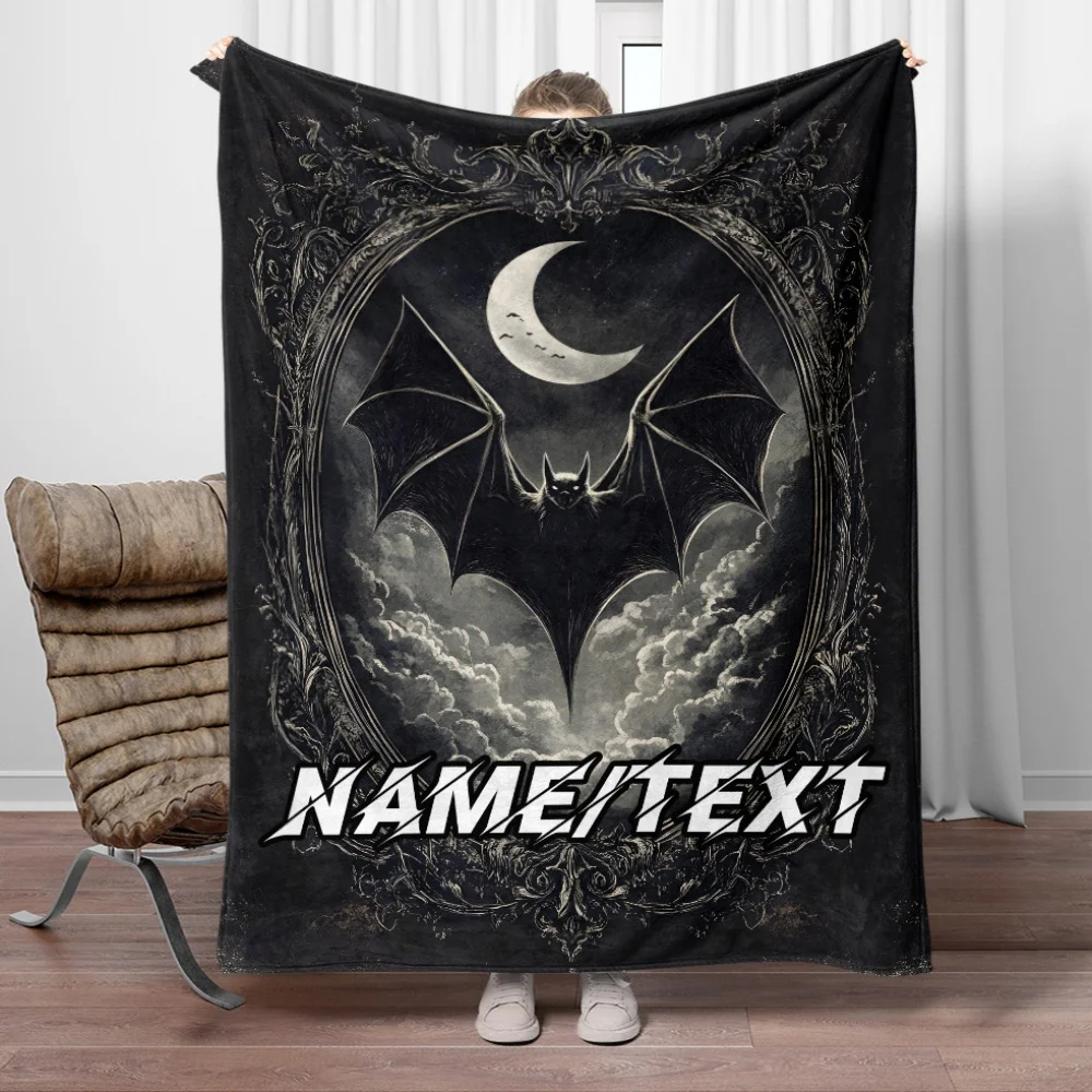 1 Stück Gothic Bat Custom Name Personalisierte Flanell-Überwurfdecke – leicht, warm, Digitaldruck, Polyester, ohne Federn