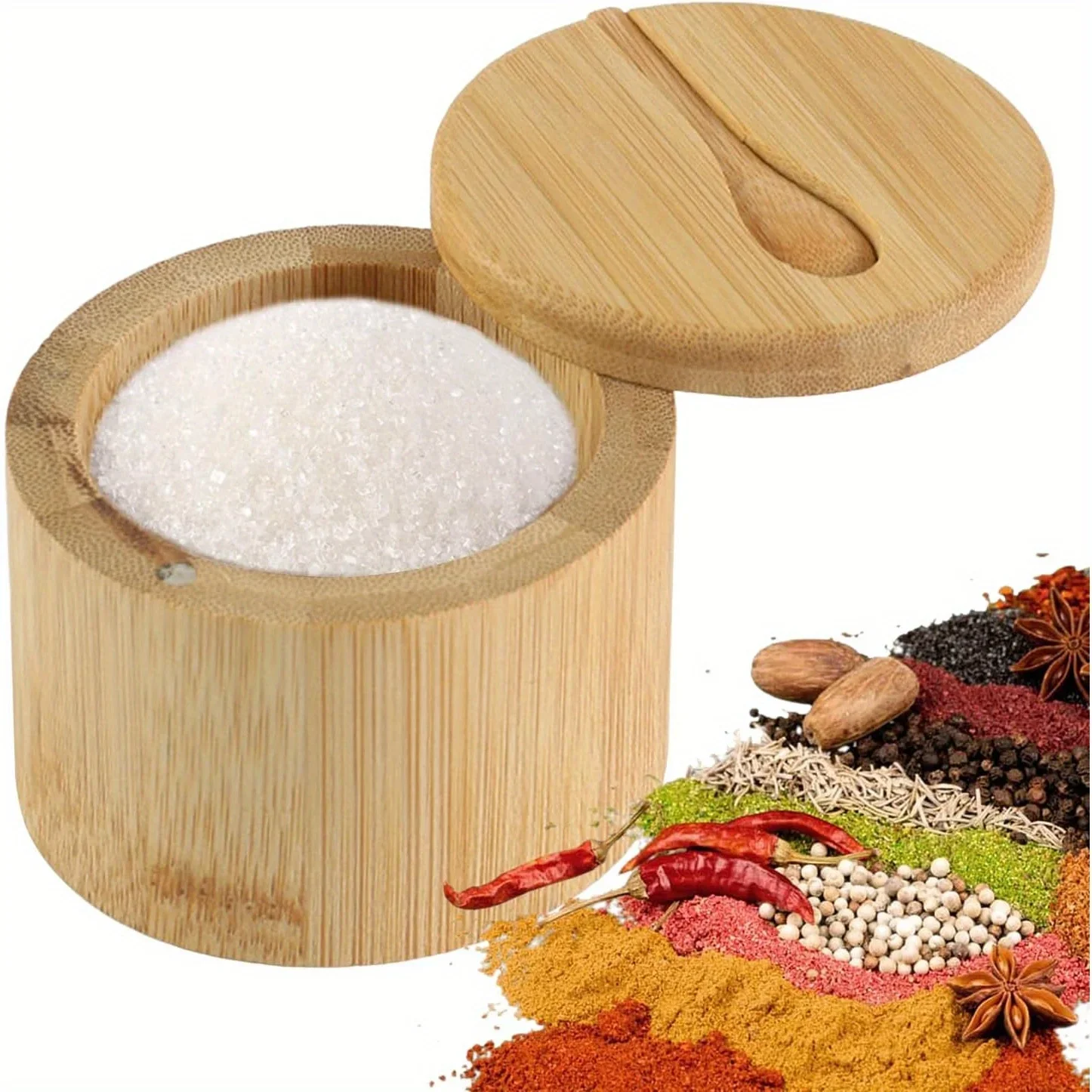Bamboo Bamboo Spice Jar with Magnetic Twist Lid and Spoon Seasoning Container for Pepper Salt Herbs Kitchen Condiment Storage Organizer - Aliexpress Deal