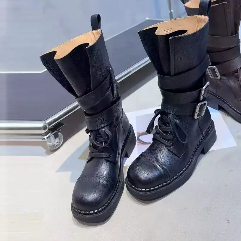

Women's Black Platform Boots, Punk Style Moto Boots with Multiple Buckles,Ankle High Combat Boots,Lace-up Outdoor Footwear