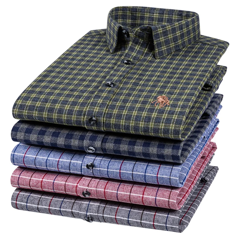 Men Long Sleeves Cotton Shirt Big Size Korea Business Casual Plaid Clothes Non-ironing Anti-wrinkle  Lapel Exquisite Embroid 7XL