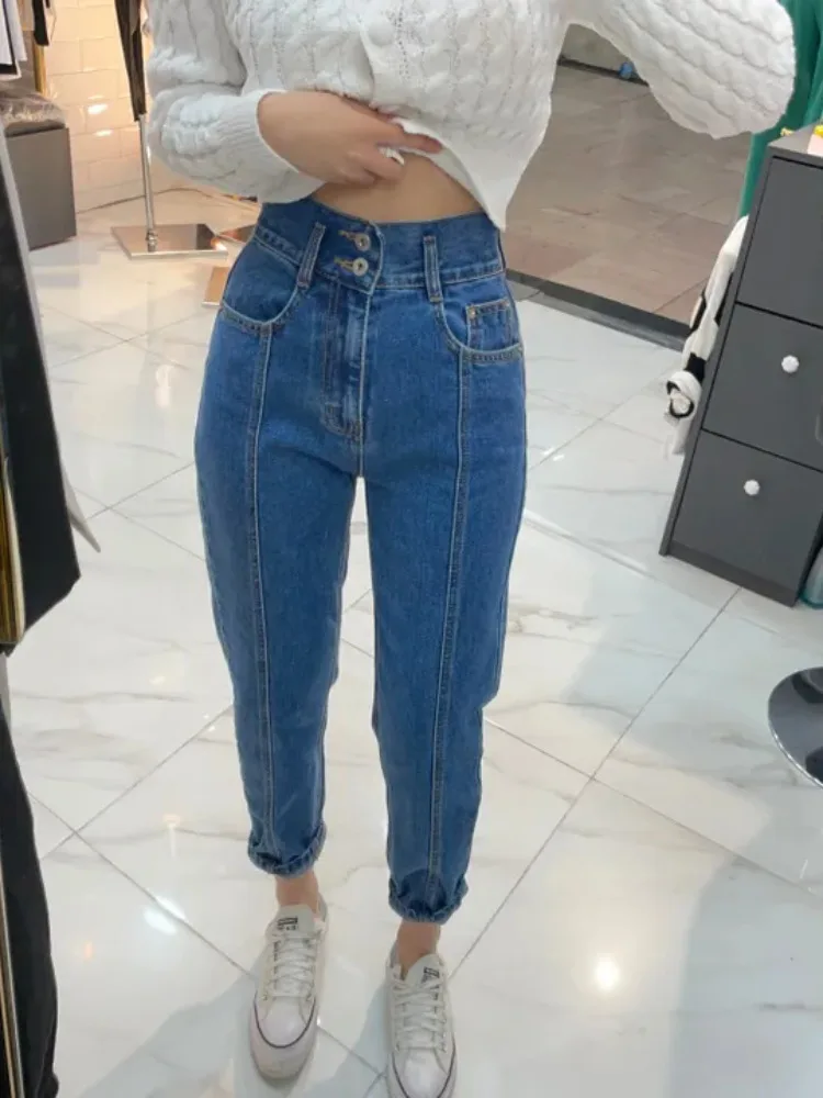 

Шикарные розовые летние джинсовые брюки Sakura с высокой талией, женские длинные брюки с двумя пуговицами, дизайнерские уличные джинсы с завышенной талией