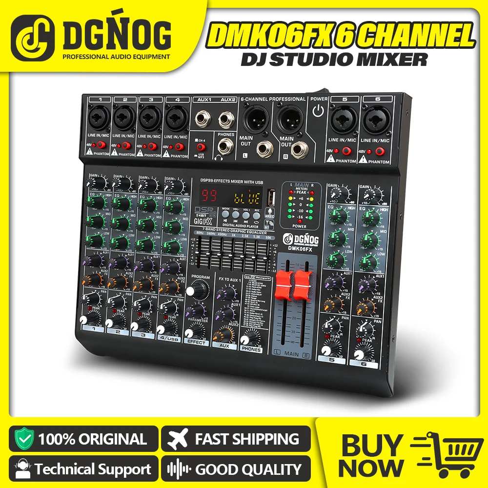 DGNOG 6 Channels Audio Mixer Mixing DJ Console USB Bluetooth with 48V Phantom Power 99 DSP Effects Sound Table for Stage DMK06FX