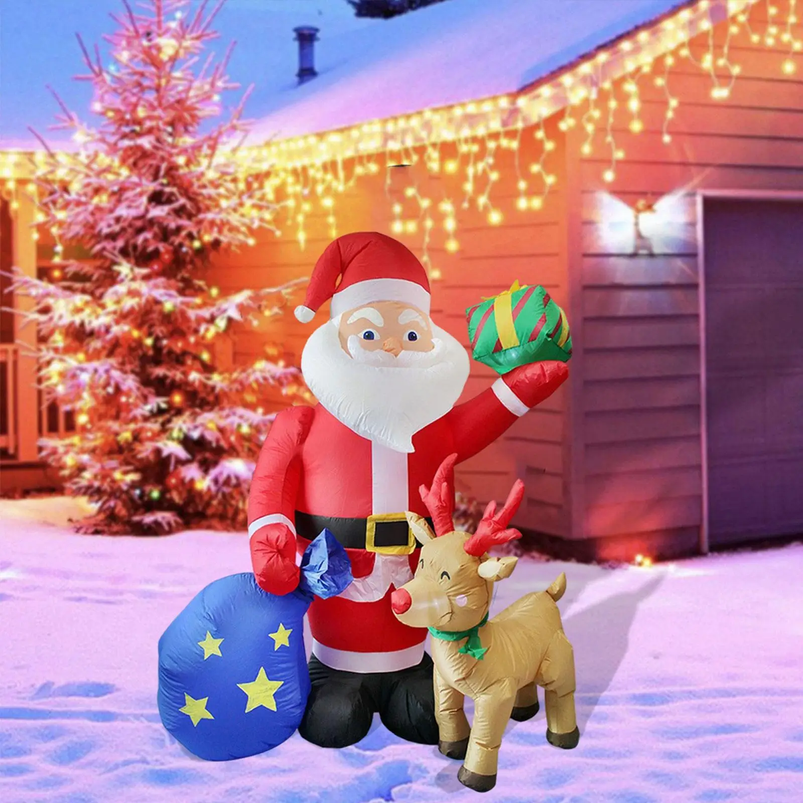 

183cm Christmas Santa and Reindeer Inflatable Decoration EU 220V Waterproof Built in Lights for Winter Yard Decor Tear Resistant