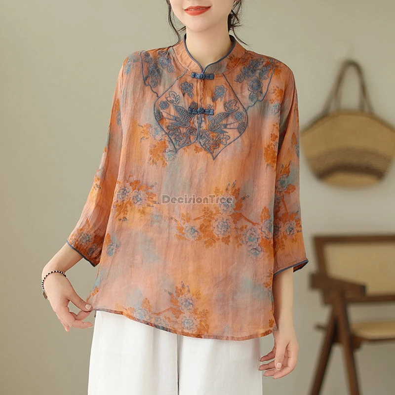 2024 new retro chinese style improved daily hanfu top stand collar button cotton linen blouse chic floral embroidery tea art top