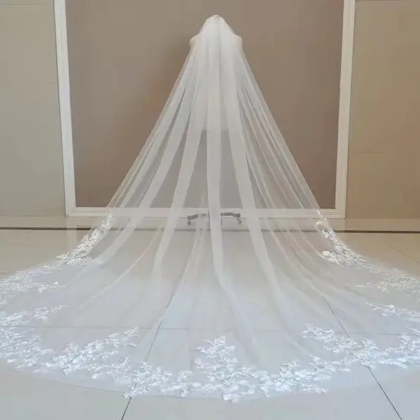 Cathedral 1 Tier Wedding Veil Lace Applique White Tulle Bridal Veil