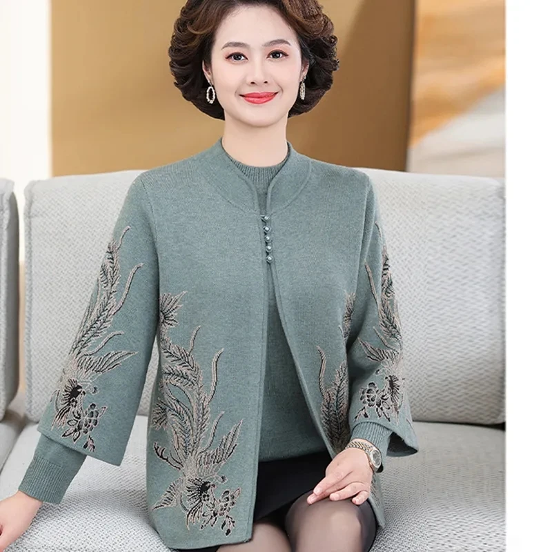 High End Middle-Aged Mother Knitted Cardigan Sweater 2 Piece Sets Spring Fall Thick Stand Collar Embroidered Cardigans Wool Coat