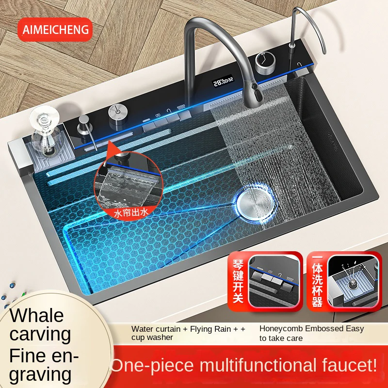 Integrated Waterfall Kitchen Sink Honeycomb Technology Large Digitial Display Stainless Steel Soap Dispenser Cup Washer