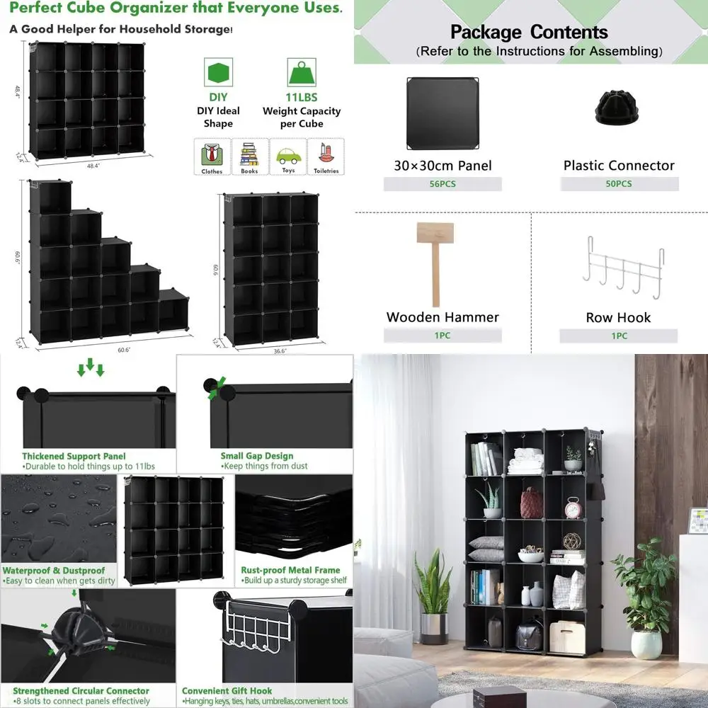 

Modular 16-Cube Organizer, Plastic Storage, DIY Closet System, Ideal for Home and Bedroom, 48.4L x 12.4W x 48.4H, Black