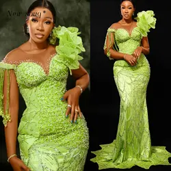 Green African Aso Ebi Luxurious Crystals Long Evening Dresses Glittering Beaded Birthday Party Gowns 2024 Robe De Soiree