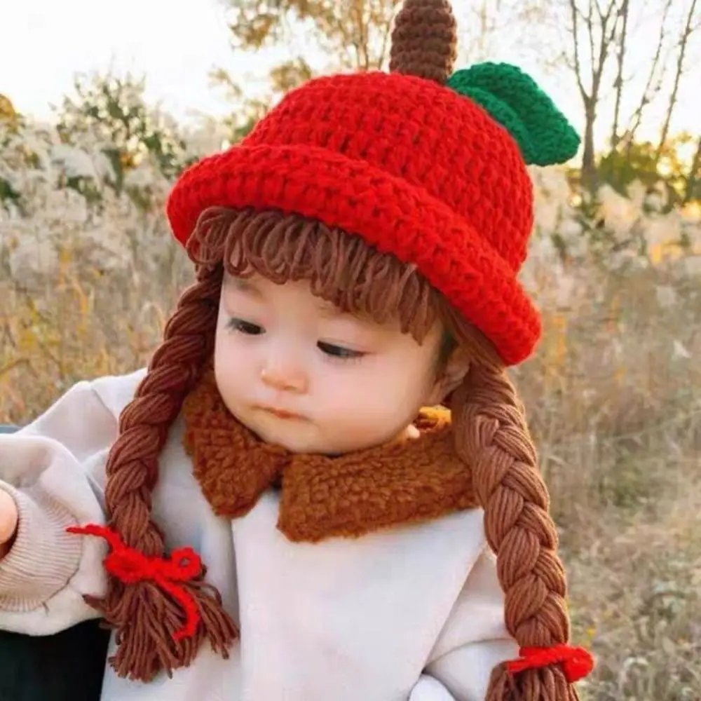 

Cute Cartoon Wig Knitted Hat Bow Cherry Baby Beanie Cap Wool Korean Style Kids Warm Hats Boys
