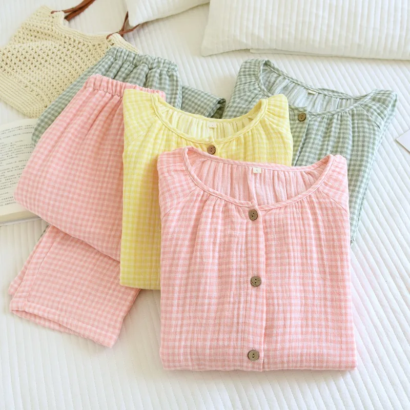 

Четырехслойный марлевый пижамный комплект из 100% хлопка для беременных, мягкая муслиновая одежда для сна для кормящих женщин, свободная клетчатая одежда с длинными рукавами