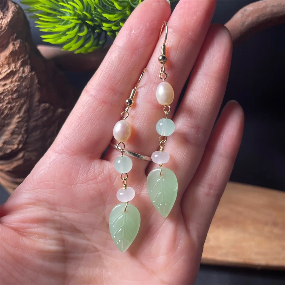 Charm Green Jade Tree Leaf Style Pearl Drop Earring Chinese Ancient Dangle Jade Hook Earrings for Women Girl's Gift Jewelry