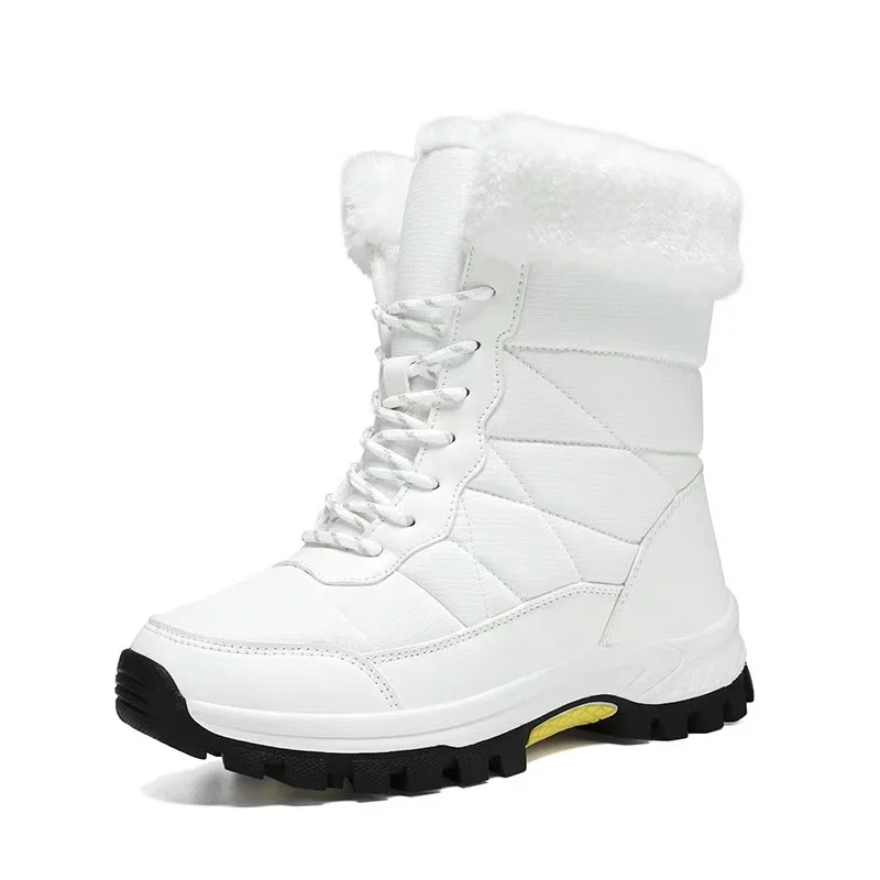Winter-Damen-Schneestiefel, mit Plüsch gefüttert, reine Farbe, gebunden, rutschfeste Outdoor-Stiefel, Damen, warme mittelgroße Stiefeletten, flache Wanderschuhe