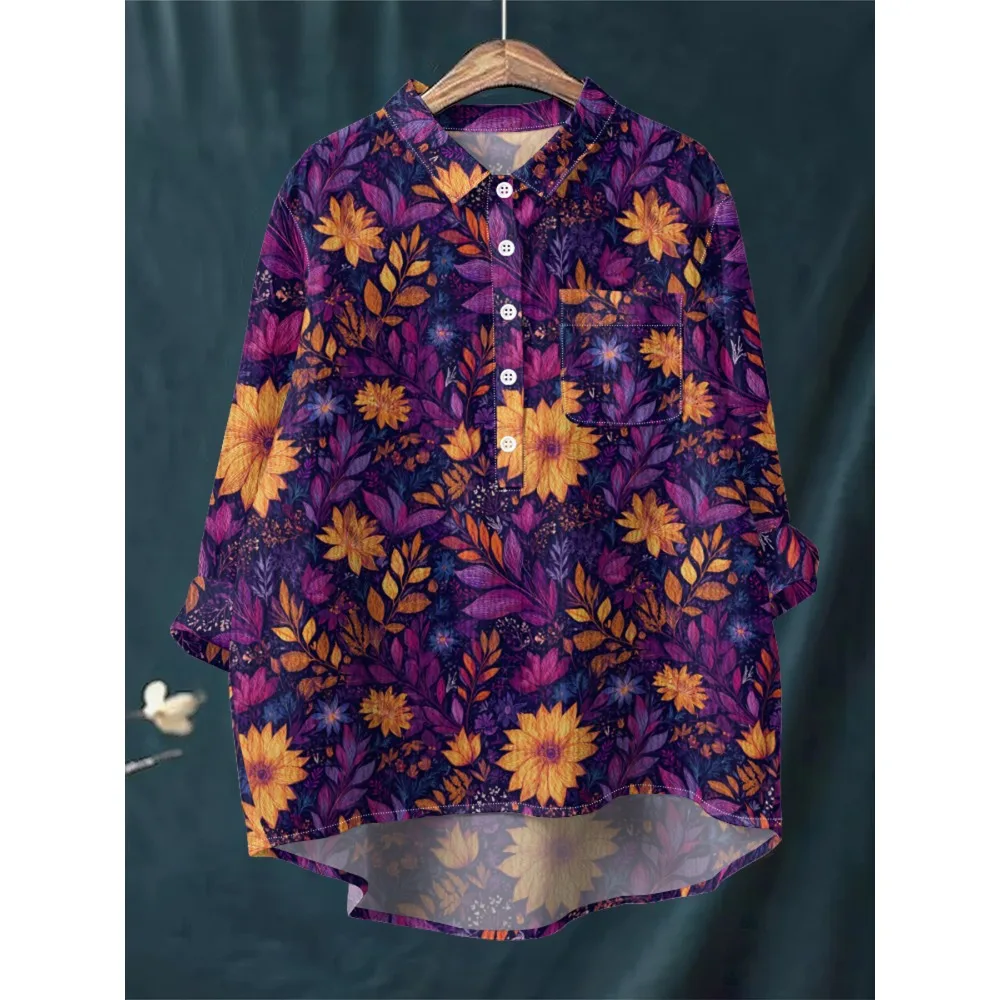 Colorful Peony Pattern Blouse Bohemian Style Long Sleeve Shirt Vintage Women's Loose Long Sleeve Half-Button Bubble Crepe Top