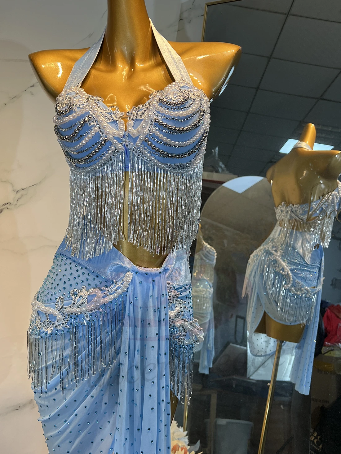 

Latin Dance Adult Children'S Dress AB Stone High-End Custom Pearl String Chain Silver Tassel Cha Tango Women'S Clothing