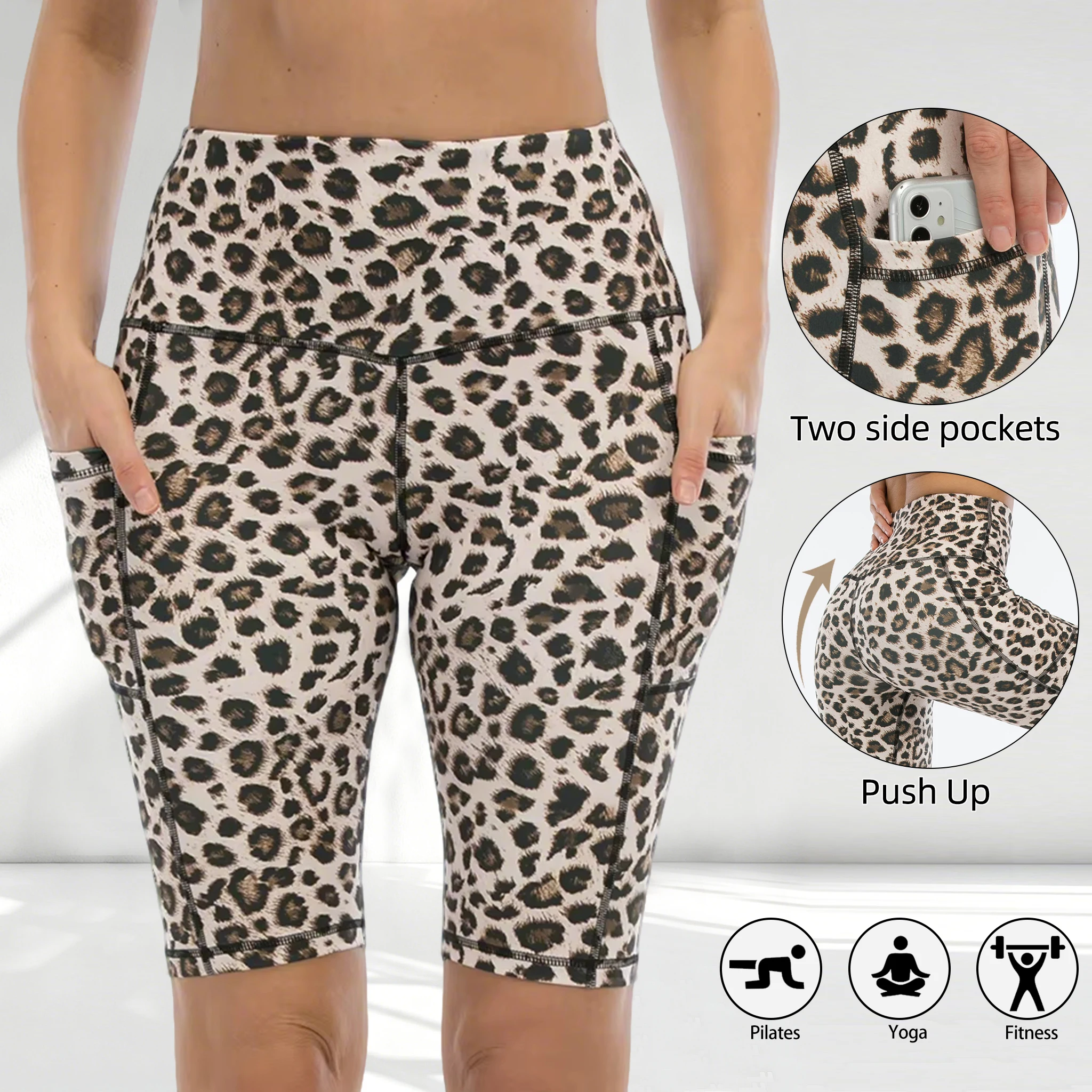 Women Leopard Print Shorts With Pocket Casual Fitness Butt Lifting Pants For Women High Waist Athletic Casual Biker Short
