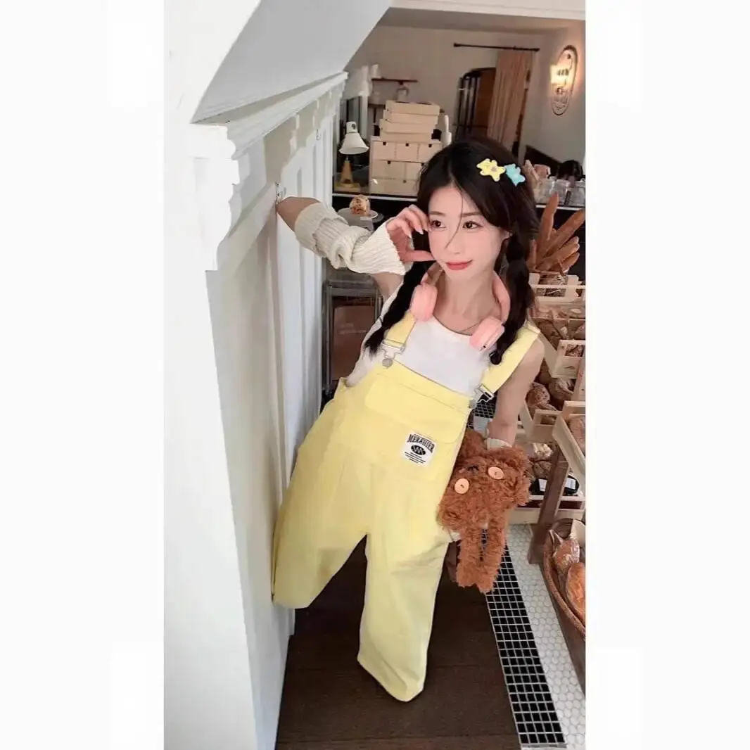 

American Style Denim Overalls Women Loose Straight Leggings Durable Zipper Decoration Fashionable Autumn New Arrival