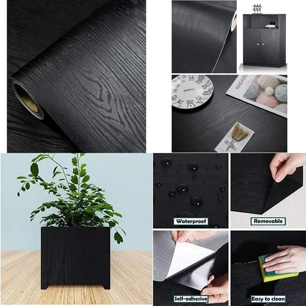 Black Wood Peel and Stick Wallpaper - Self-Adhesive Removable Wall Paper for Countertops, Furniture, Kitchen, and Home Décor