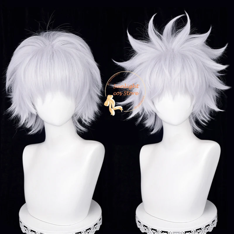 Killua Zoldyck Cosplay Wig 30cm Silver White Killua Zaoldyeck Anime Wigs Heat Resistant Synthetic Hair Halloween Wigs + Hairnet