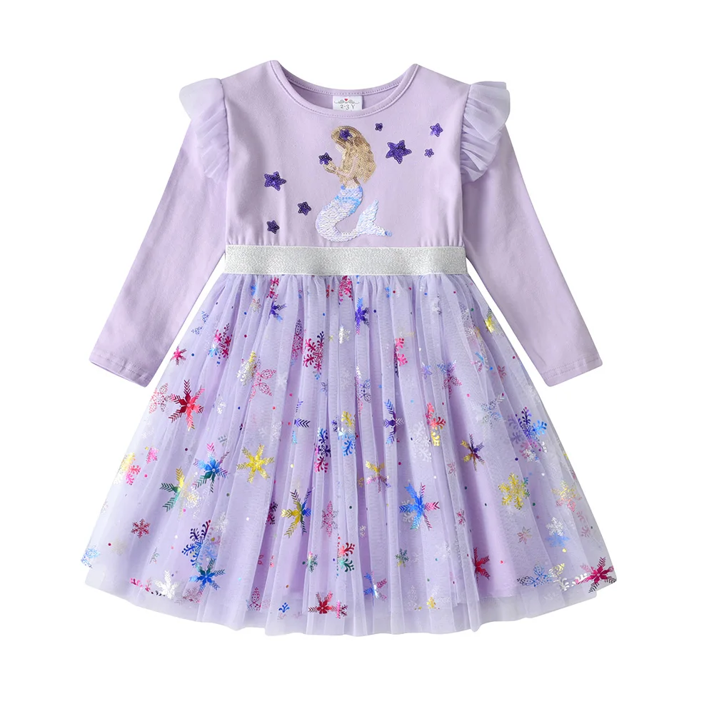 VIKITA Girls Mermaid Sequined Appliqued Dress Kids Autumn Spring Long Sleeve Purple Princess Birthday Party Dresses Prom Gown