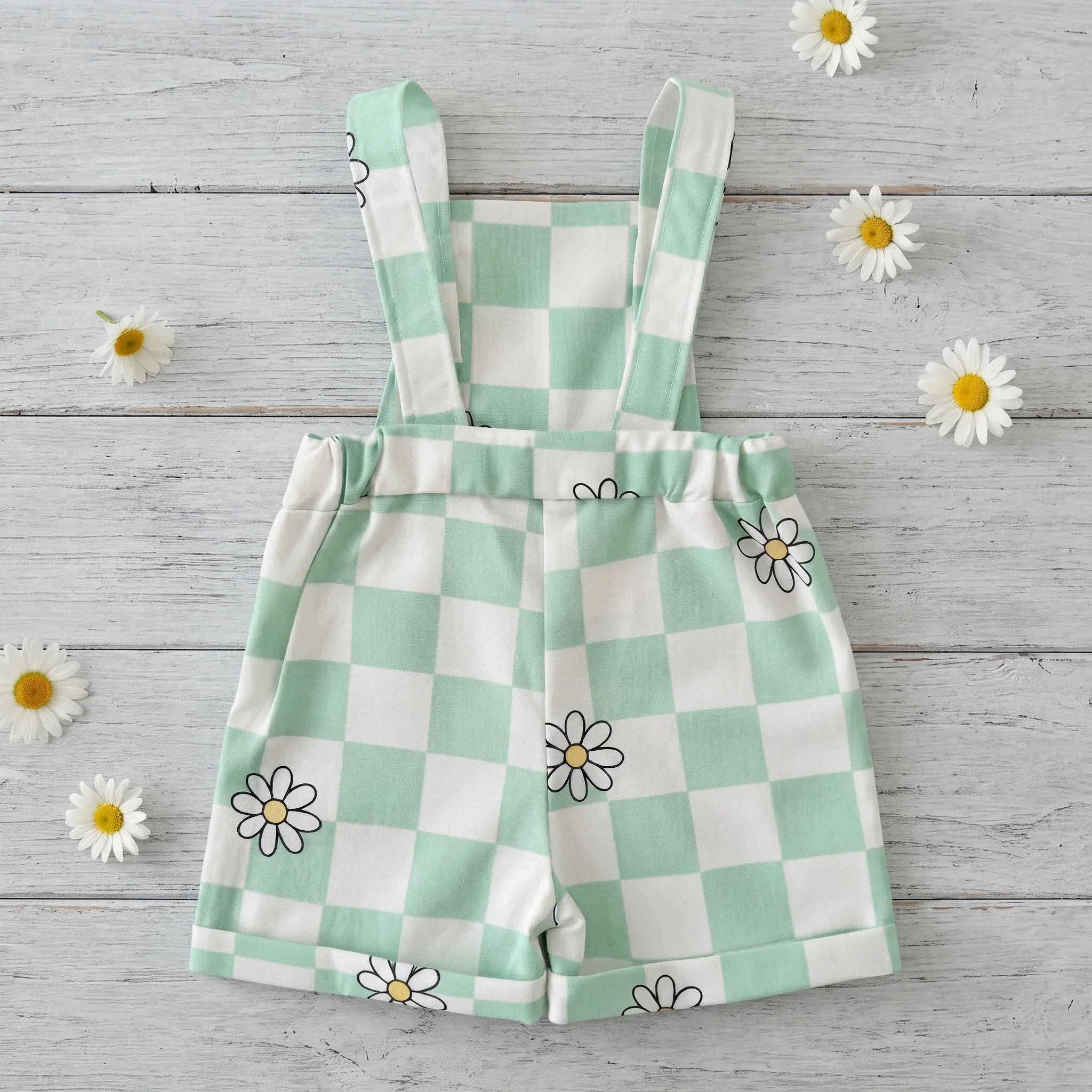 Summer Baby Girls Boys Overalls Green Checkerboard Daisy Print Suspender Shorts Romper Unisex Newborn Casual Outfit 0-3Y