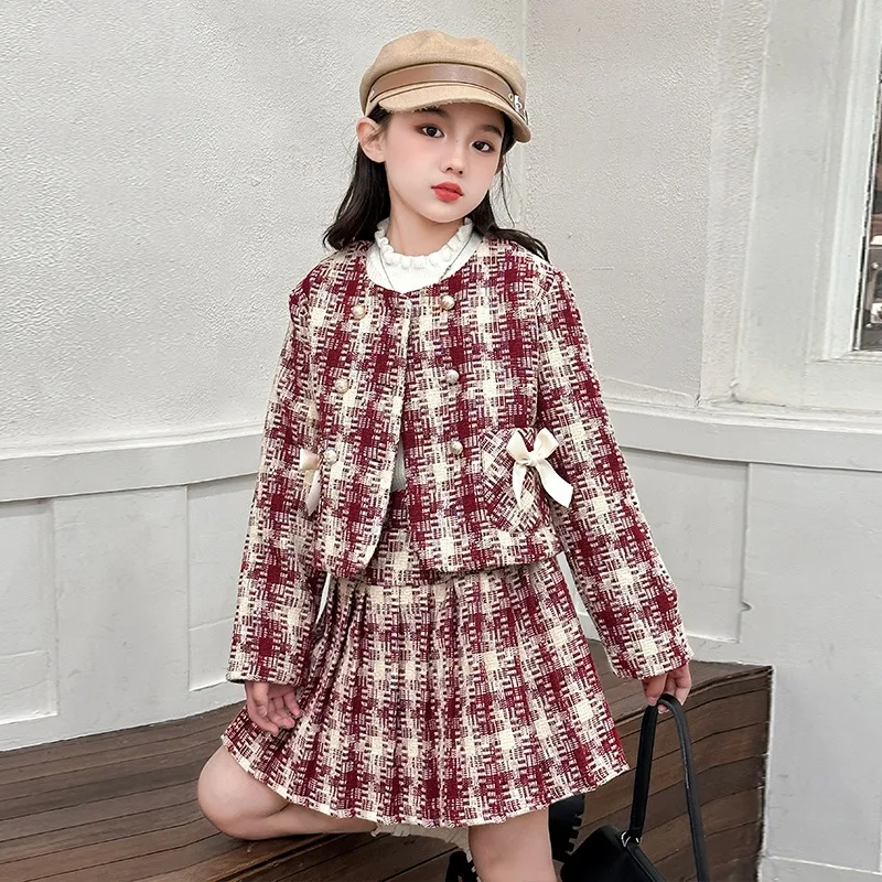 

Autumn Winter Cotton Small Fragrant Style Two Piece Set 2025 Girls Checkered Cardigan Coat Short Skirt Children Set