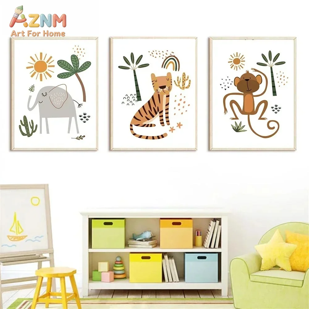AZNM Cute Safari Animals Elephant Tiger Monkey Nursery Canvas Wall Art Print Decor