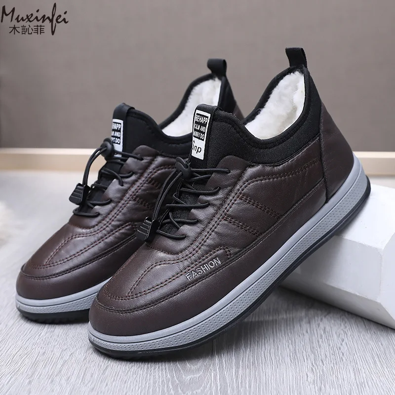 

Snow boots for men, winter with plush and thick leather surface, waterproof cotton shoes, anti slip, casual and warm shoes