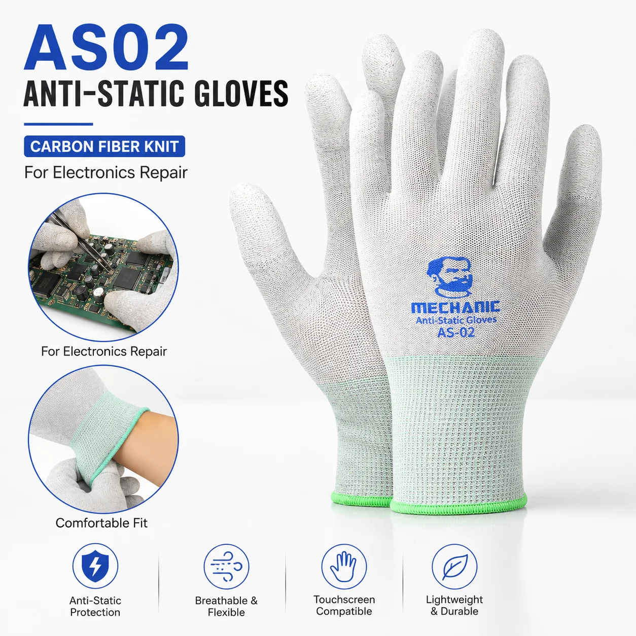 MECHANIC AS02 Carbon Fiber Anti-Static Gloves Elastic Anti-Slip Protective L/M Sizes for Phone PCB Repair Electronics Work Tools