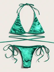 Mulheres Envoltório Around Halter Satin Bikini, Swimwear Feminino, Conjunto de 2 Peças, Fato de Banho, Maiô, Banhista, Natação, S-XL, Sexy, 2022