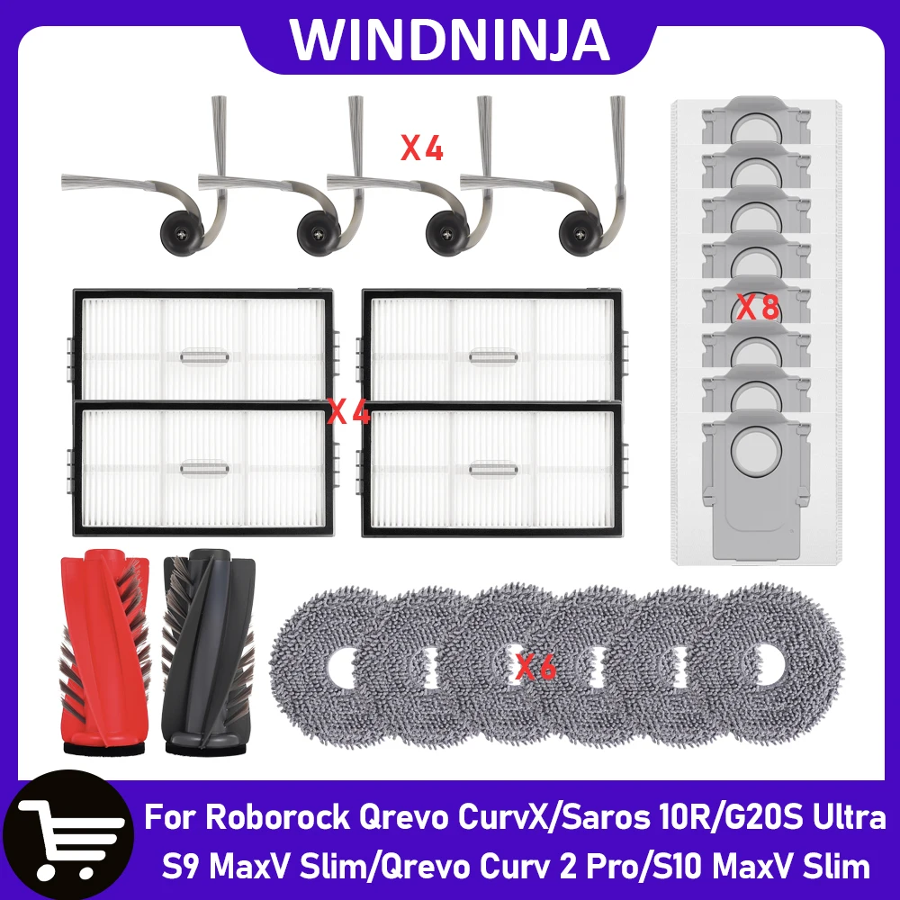 For Roborock Qrevo EdgeT/Qrevo CurvX/Saros 10R/S9 MaxV Slim/S10 MaxV Slim/G20S Ultra Side Brushes Dust Bag Filter Mop Parts Kit