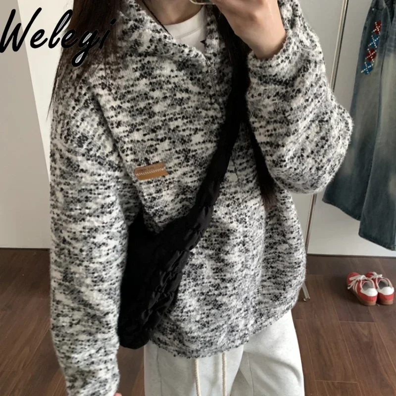 

American Chic Snowflake Polka Dot Hooded Sweatshirt Women's Spring and Autumn Oversize Retro Long Sleeve Hoodie Cardigan Jacket