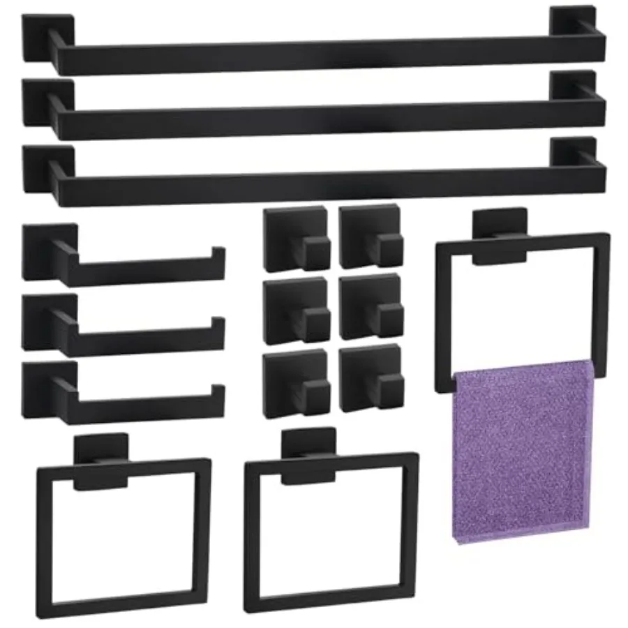 

15 Pieces Bathroom Hardware Set, Matte Black Bathroom Accessories Set, Towel Racks for Bathroom, 23.6 Inch Bath Towel Bar Set S