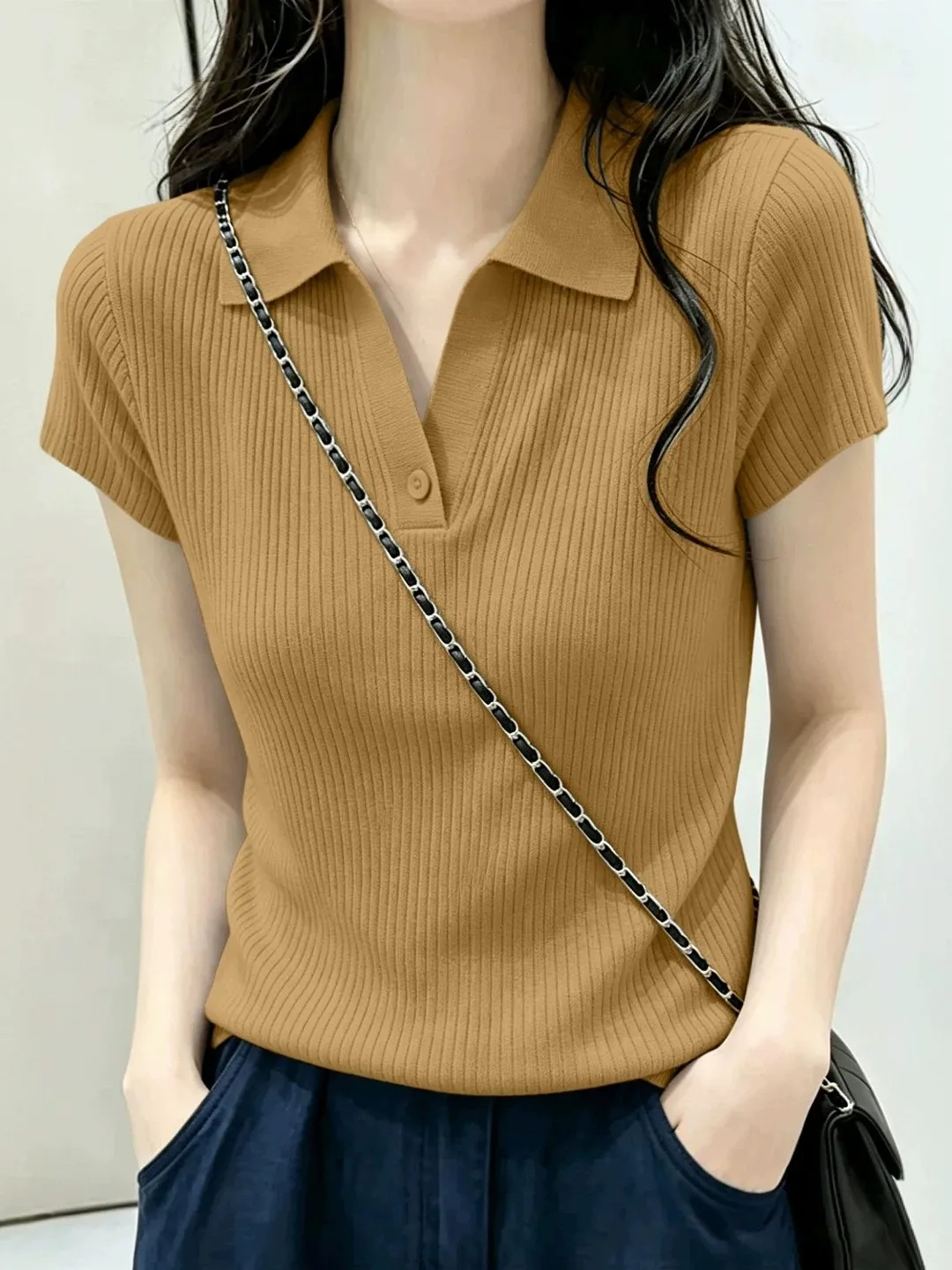 Retro European  Neck Knitted Shirt Short Sleeve Turn-down Collar Women's plus Size Luxury High-end Feeling Top