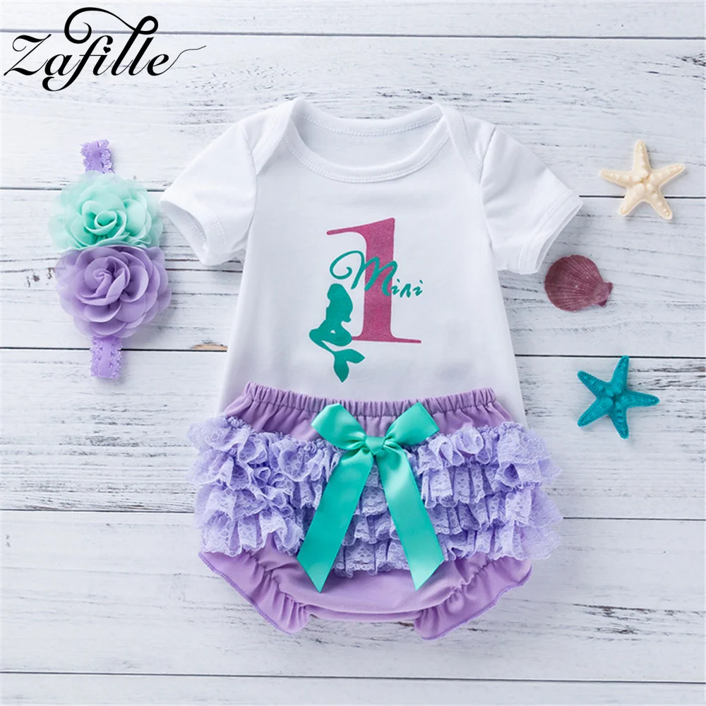 

ZAFILLE Mermaid Baby First Birthday Outfits Set Summer Girls Newborns Suits Bodysuit+Shorts Sweet Princess Kids Infant Clothing