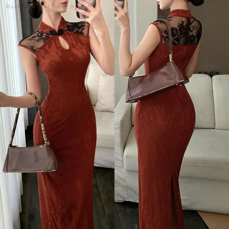 

Sexy Lace Patchwork Female Long Qipao Summer Sleeveless Chinese Traditional Dress Vintgae Classic Jacquard Cheongsam Vestidos