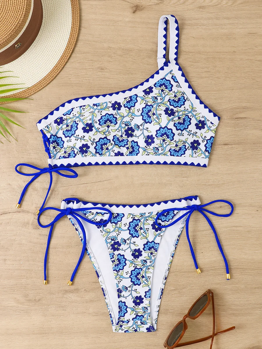 2026 One Shoulder Floral Two Piece Bikini Women Swimwear Female Swimsuit Bathers Bathing Swimming Suit Beachwear Summer