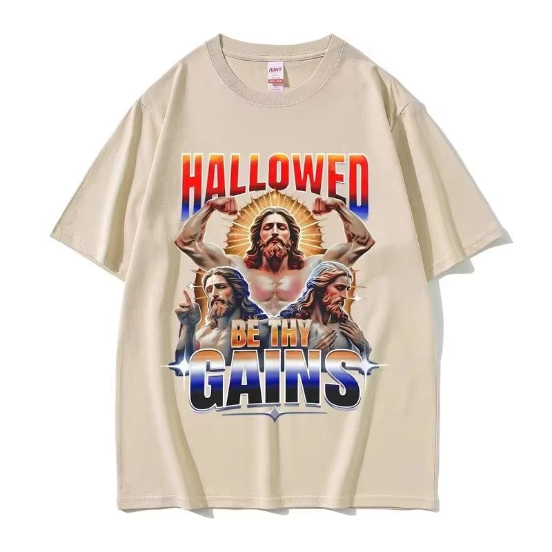 Hallowed Be Thy Gains Jesus Pump Cover Funny Meme T-shirts Men's Humor Fitness Muscular T Shirts Men Women Casual Cotton Tshirt