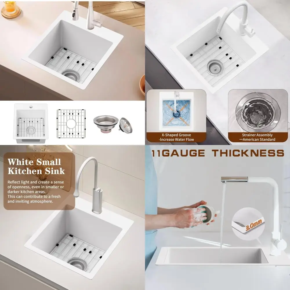 

Stainless Steel 15x17 Inch Single Bowl Topmount Kitchen Sink with Sink Grid and Drain Assembly for White Kitchen & Bar Use