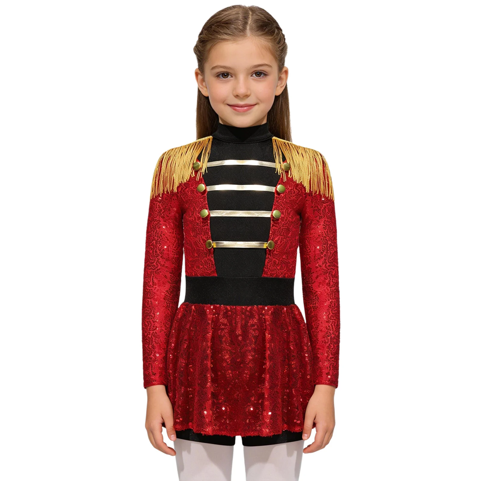 Majorett Outfit Kids Girls Tassel Epaulet Shiny Sequin Leotard Dress Halloween Ringmaster Circus Costume Lion Tamer Fancy Dress