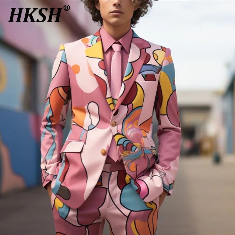 Hksh 2024 primavera outono nova maré masculina hip hop moda na moda 3d digital impresso terno único breasted punk chique mostrar conjunto hk1691