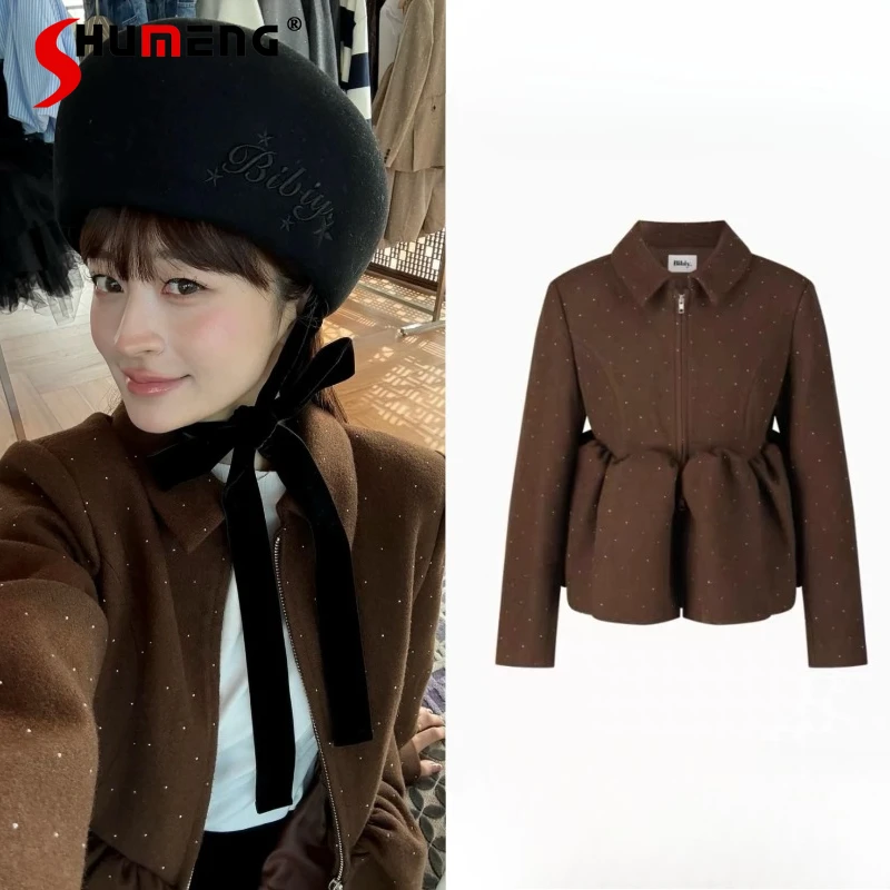

Spring New Woman's Ruffles Hem Brown Jacket Japanese Style Girl's Sweet Fashion Zip Cardigan Jacket Lady Outerwear Casual Tops