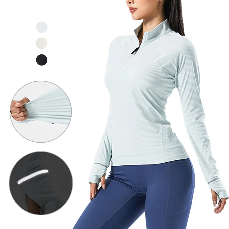 

(S-3XL)Женские топы для бега на молнии, ветрозащитная рубашка с длинными рукавами и светоотражающими полосками, облегающая куртка для тренировок и фитнеса, 75% нейлон