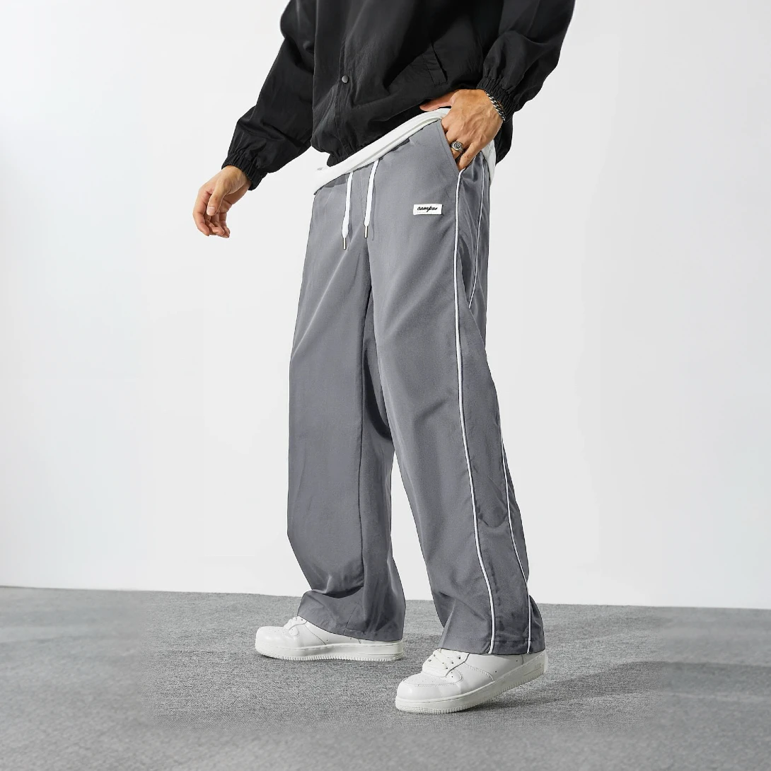 

Men's Gray Wide-Leg Pants White Stripes Elastic Waist Drawstring Casual Streetwear Trousers 2025 New Fashion Loose Fit Comfortab