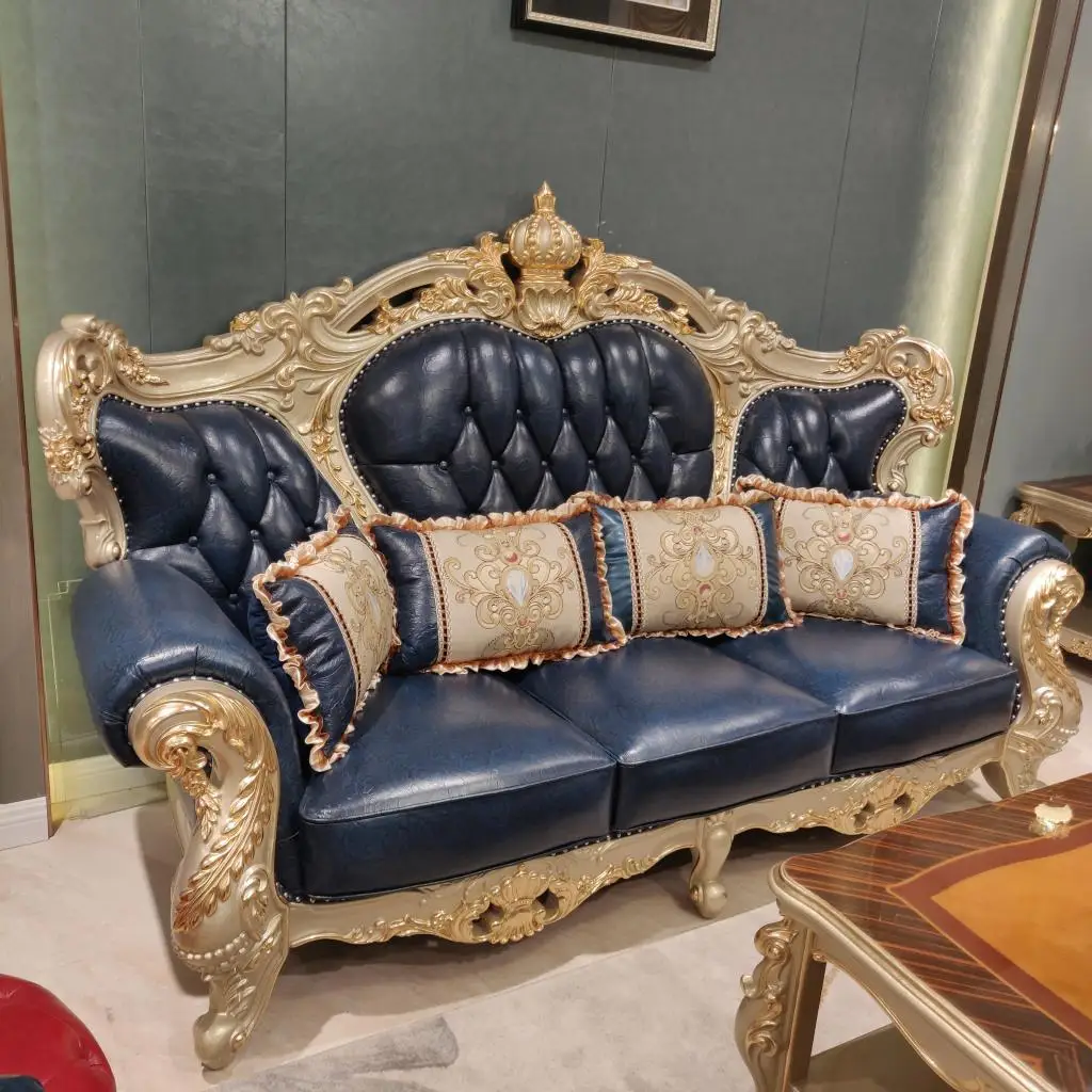 

Curved sofa living room, luxury hand-carved furniture leather European living room cowhide sofa