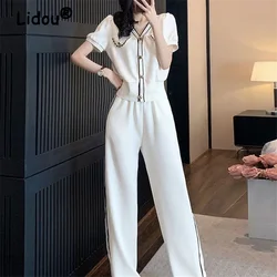 Two Pieces Set for Women Summer Fashion Casual V Neck Short Sleeve Chic White Tops Loose Straight Trousers Sports Pants Outfits